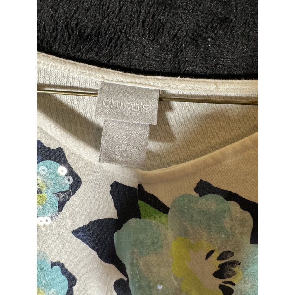 Chicos Size 2 Womens Cotton Shirt With Floral & Sequin Design